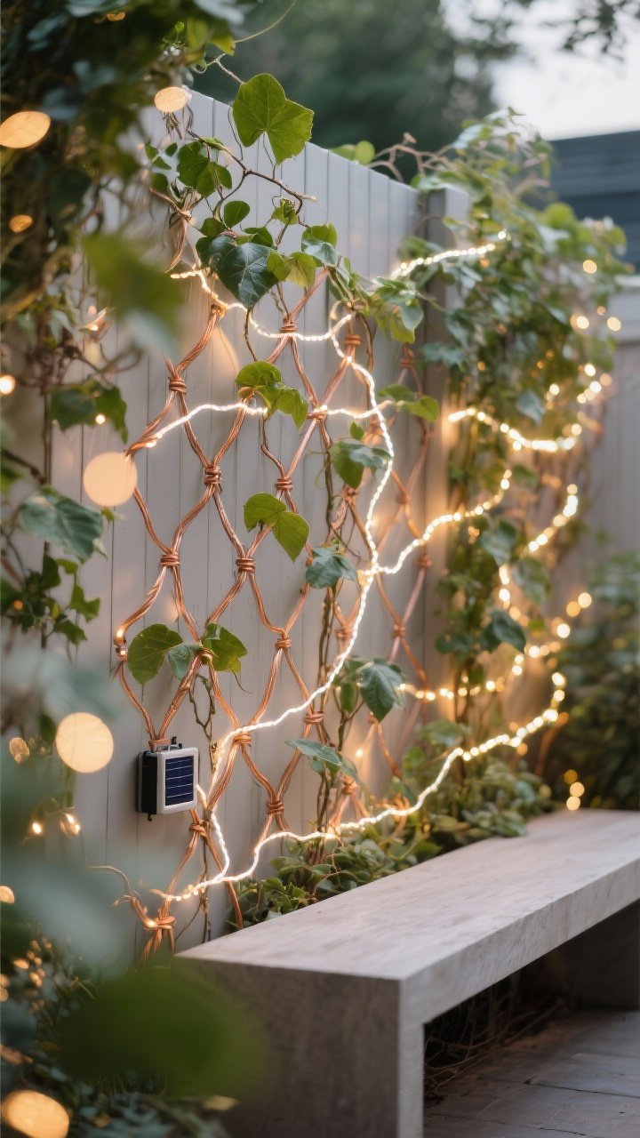 Detail shot: Fairy lights woven through a trellis of climbing vines along a fence; flexible copper-wire strands in warm white subtly outlining only portions of the plant for an organic look, not fully wrapped; small battery/solar packs hidden behind foliage; delicate twinkle creating a luminous backdrop behind a bench; close focus on leaves, wire, and bokeh.