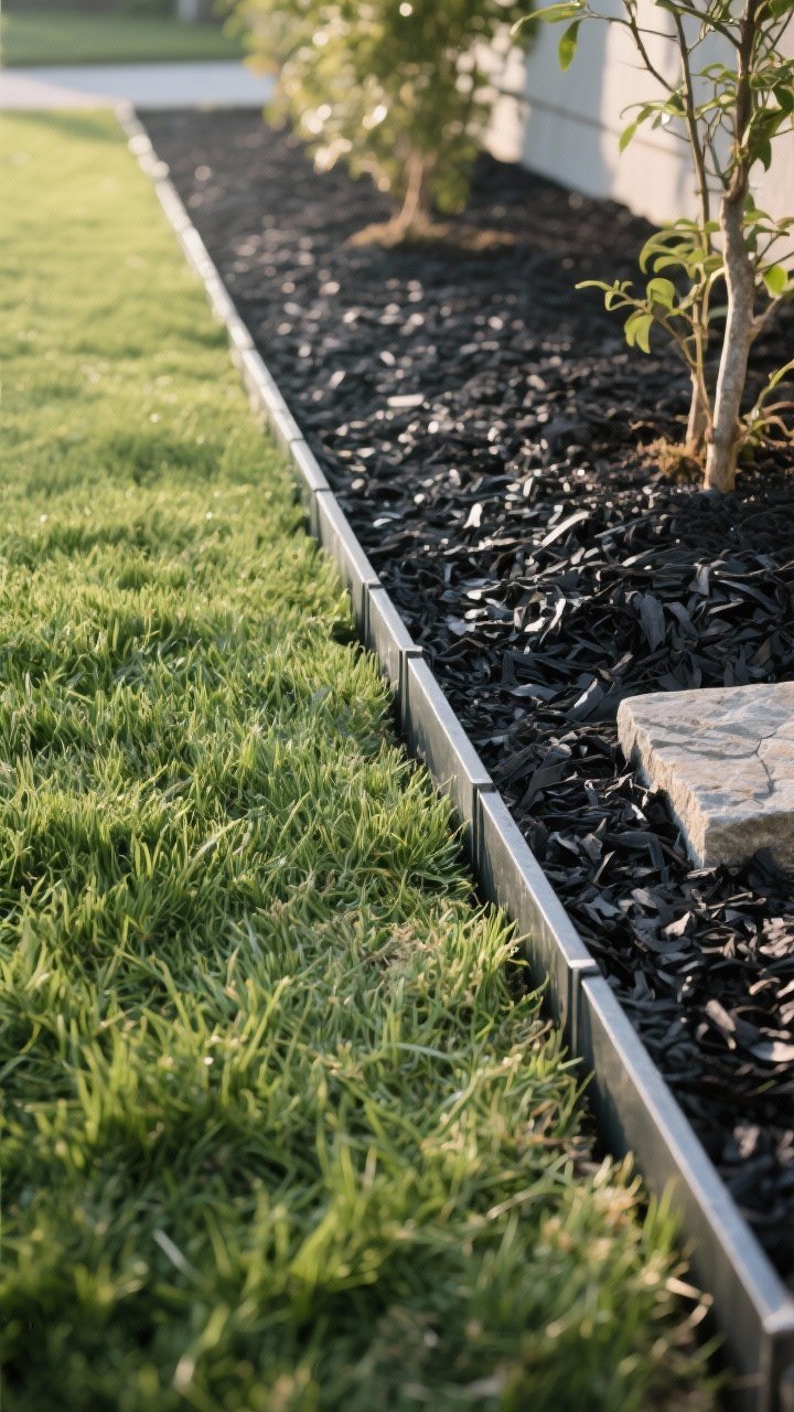 Detail shot, low angle: A freshly cut deep trench edge (4–6 inches) cleanly separating green lawn from a mulched bed; steel edging sections meet seamlessly for a modern look; the mulch layer is a rich black, 2–3 inches thick, evenly raked around plant bases without touching stems; nearby stone edging sample shown off to the side as an alternative; early morning light emphasizes crisp lines and micro-texture of shredded mulch and turf blades.