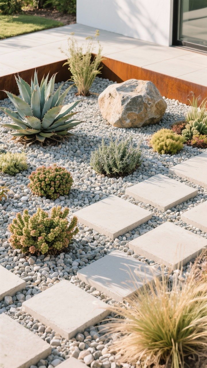 Detail shot of a curated gravel garden in bright but soft morning light: 3/8-inch crushed stone gravel surface tightly compacted; corten steel edging with warm rusty patina; chunky rectangular concrete pavers set in the gravel; sculptural plant groupings of agave, sedum, thyme, euphorbia, and low ornamental grasses popping against the pale gravel; include a medium boulder for texture; overhead three-quarter perspective to showcase materials and layout; clean, modern, not parking-lot-like, no people.