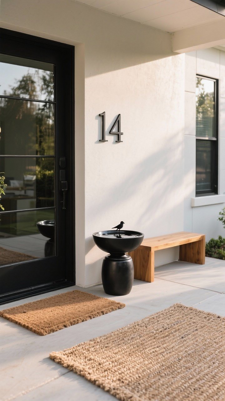 Detail shot of architectural accents near a front entry: modern brushed black metal house numbers on a smooth façade, a matte black steel water bowl birdbath with a mirror-like water surface, and a simple warm wood bench nearby; a layered doormat setup with a large outdoor rug under a natural coir mat, plus a single black planter to echo finishes; soft morning light with gentle reflections.