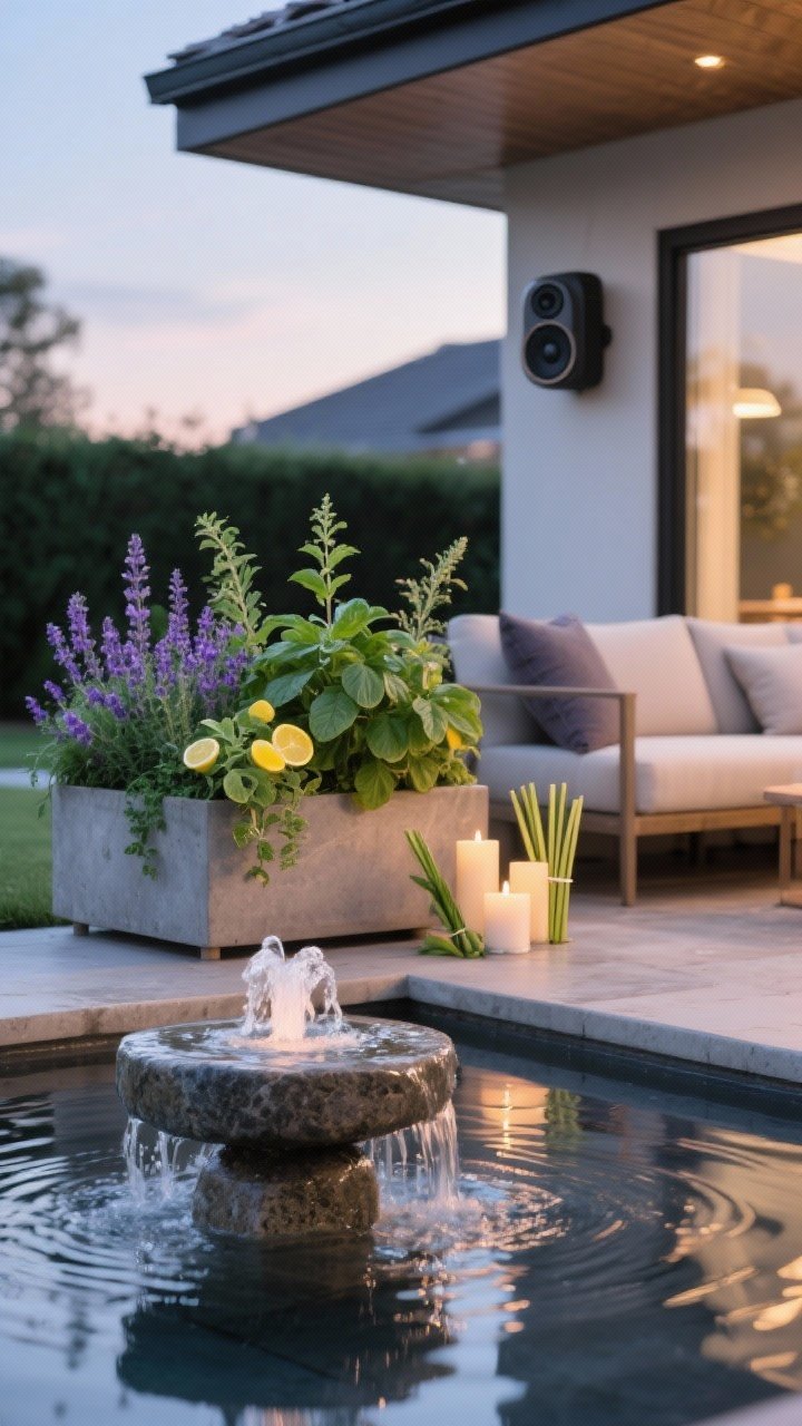 Detail shot of multi-sensory accents: a low stone fountain bubbler creating gentle ripples, weatherproof outdoor speaker tucked under an eave in the background, and planters near seating filled with basil, lavender, and lemon verbena; nearby citronella and lemongrass candle set for subtle ambiance; soft evening light with reflections on water, closeup angle.