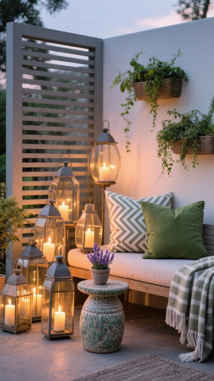 Detail shot: Styled finishing touches—cluster of lanterns in mixed heights with warm battery candles placed near a slatted screen; outdoor pillows in two patterns (subtle stripe and geometric) plus one solid moss green on a bench, a performance-fabric throw draped casually; a ceramic garden stool side table; wall planters with cascading greenery and a small lavender pot for scent; soft evening glow, photorealistic.