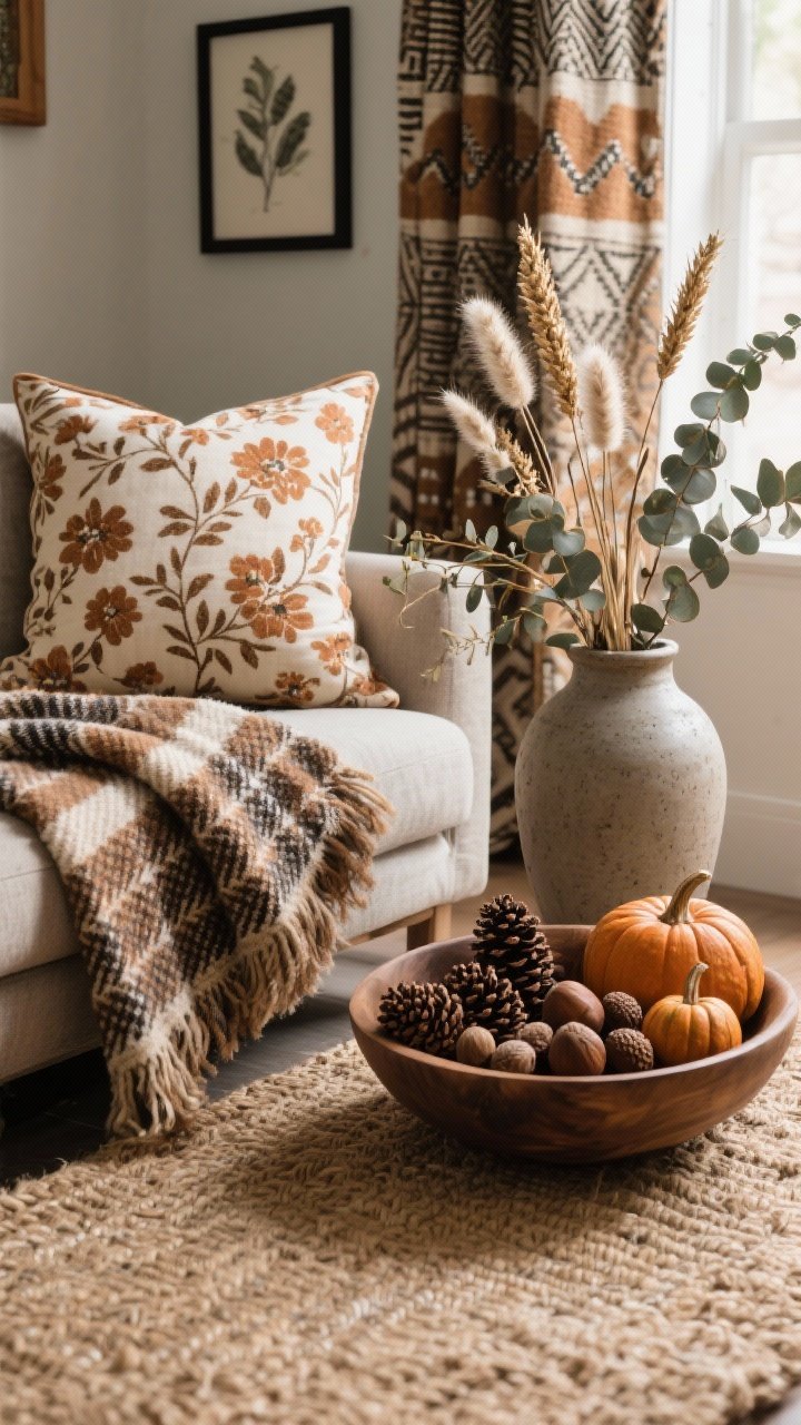 Detail shot, tabletop and textiles: An earthy composition mixing patterns and naturals. Close view of a plaid or herringbone throw layered beside a micro-floral pillow in warm, cohesive tones; a glimpse of block-printed or ikat fabric on a curtain edge in the background. Underneath, a jute or wool rug’s tactile weave is clearly visible. On a nearby surface, a stoneware vase with dried stems (eucalyptus, wheat, bunny tails), a shallow wood bowl filled with pinecones, acorns, and mini pumpkins. Thin black or wood-framed botanical prints partially visible on the wall. Soft, diffused natural light; matte finishes; grounded color palette. No people.