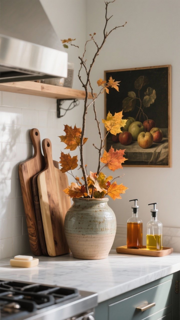 Detail-to-medium shot from a slight angle: A kitchen island vignette featuring tall branches with turning fall leaves arranged in a hefty ceramic crock as the single bold focal point. Nearby, a leaning stack of wooden cutting boards in varied tones adds warmth and height; clear soap and oil bottles swapped for amber glass dispensers deliver refined “fall pharmacy” vibes. On the wall or shelf behind, a moody vintage fruit still-life print replaces brighter art. Repeat materials—wood, ceramic, metal—twice for cohesion. Natural afternoon light; clean, photorealistic finish.
