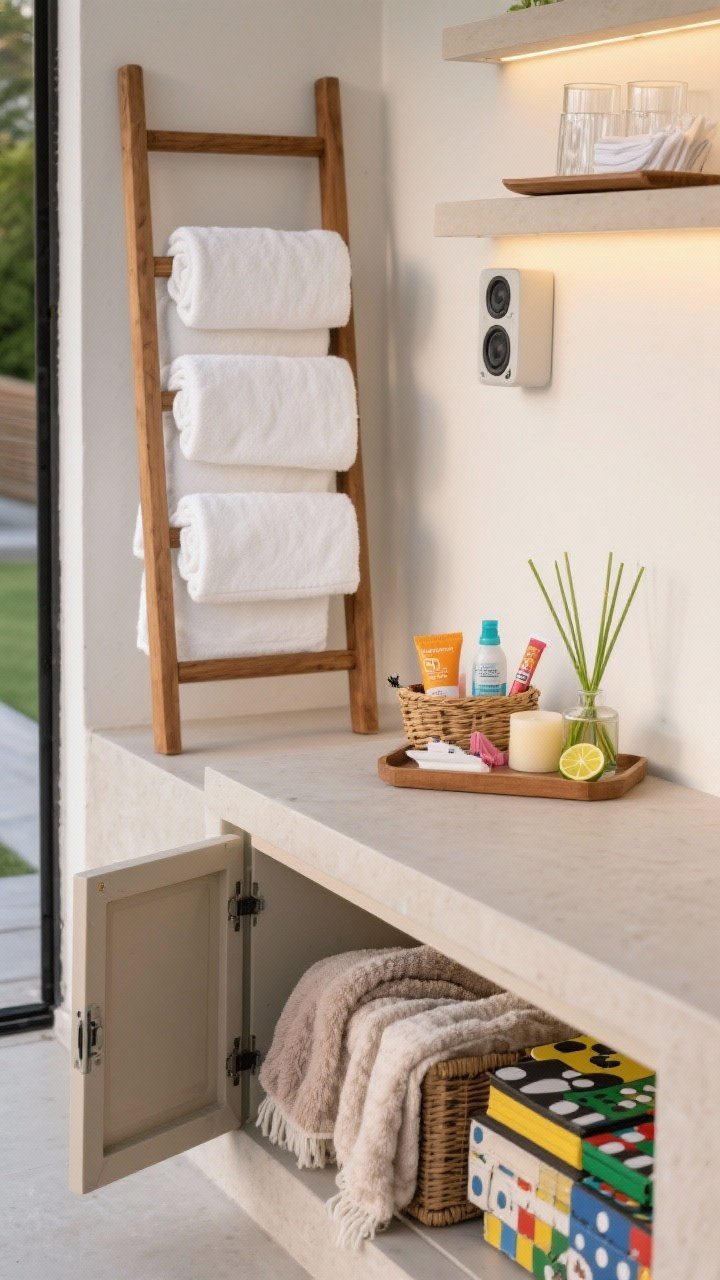 Detail vignette: Spa-level touches—rolled white towels stacked on a teak towel ladder, a water-resistant storage bench slightly open showing plush throws and board games, and discreet Bluetooth outdoor speakers tucked on a shelf. A tray station holds acrylic glasses and napkins; a small basket contains SPF, bug spray, and lip balm. Citronella candles and a lemongrass diffuser add a chic scent strategy. Soft ambient lighting, tidy and concierge-level organized.