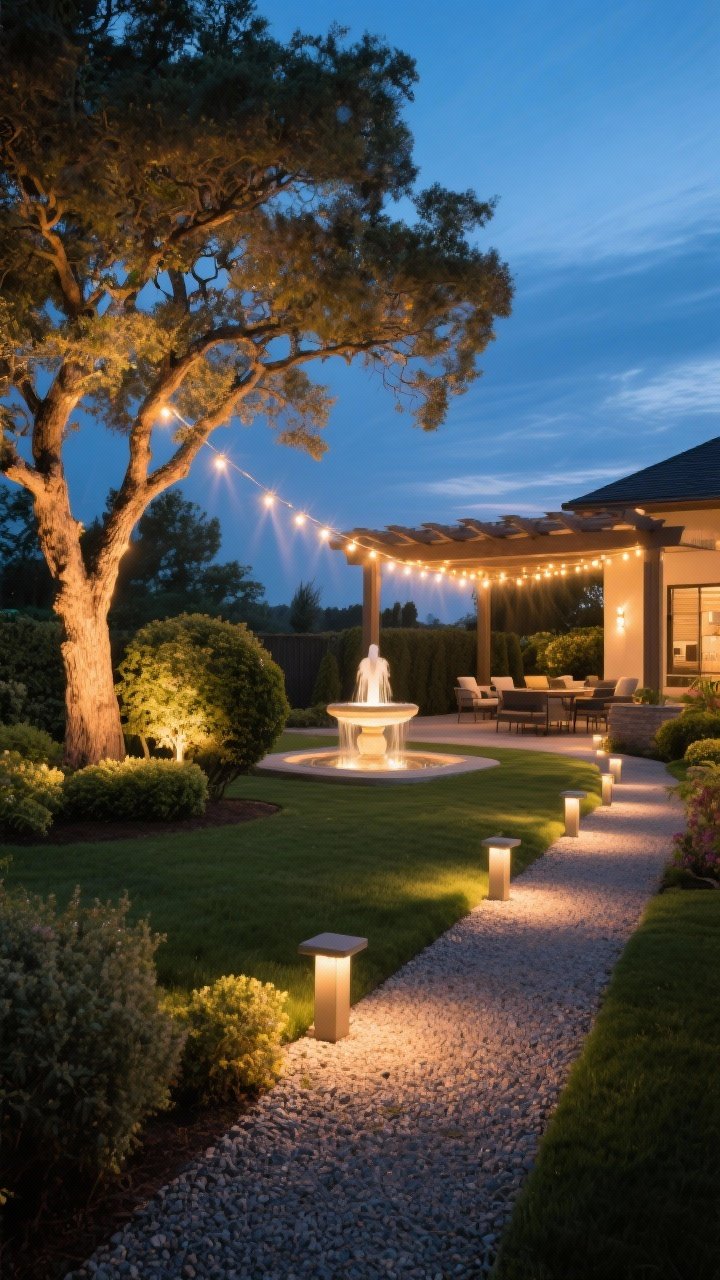 Dusk garden scene with smart lighting: wide shot featuring uplights dramatically washing a mature tree and large shrubs, warm 2700–3000K glow; evenly spaced path lights 6 feet apart along a gravel walkway (no runway effect); string lights draped over a pergola above a patio; a spotlight on a small fountain as focal feature; deep blue hour sky, warm inviting ambiance; slight low-angle to accentuate light beams and layered illumination.