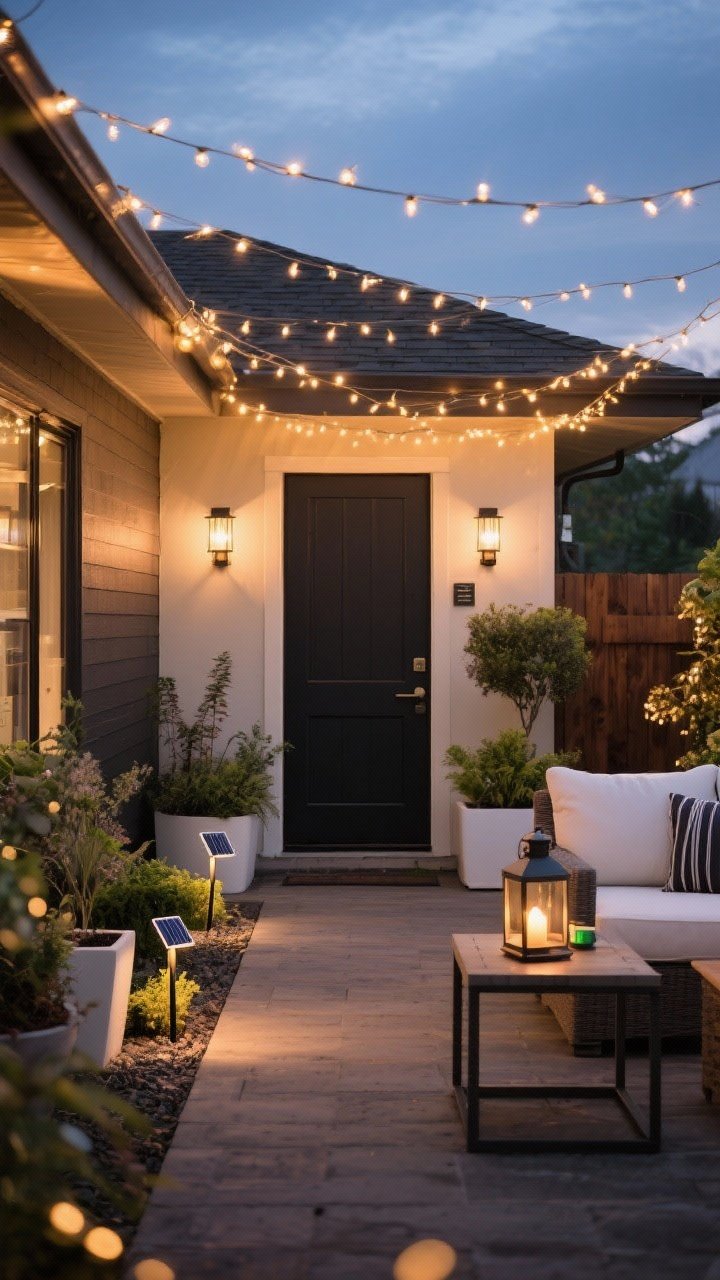 Dusk medium-wide scene showcasing layered outdoor lighting: warm 2200–3000K string lights zigzagged overhead creating a cozy ceiling effect, subtle solar stake lights tucked into planters and along borders, wet-rated wall sconces flanking a back door, and rechargeable lanterns perched on a side table. Charcoal and warm wood materials, soft white accents, lush planters; bokeh glow from lights for nighttime magic; no people.