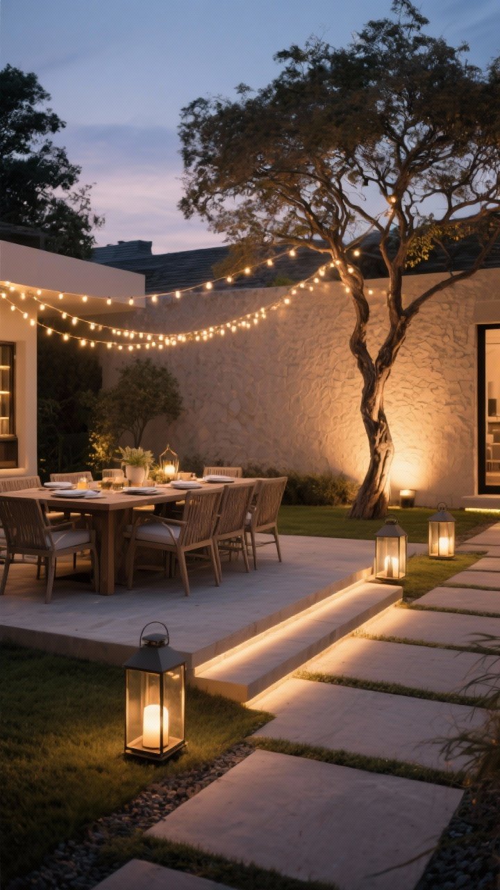 Dusk scene, medium-wide, showcasing layered outdoor lighting: ambient string lights draped above a dining table, lanterns on the ground, discreet task lighting on steps and along the path, and accent uplights grazing a sculptural tree and washing a textured wall; warm LED color temperature (2700–3000K) with dim, cozy atmosphere and subtle shadows.