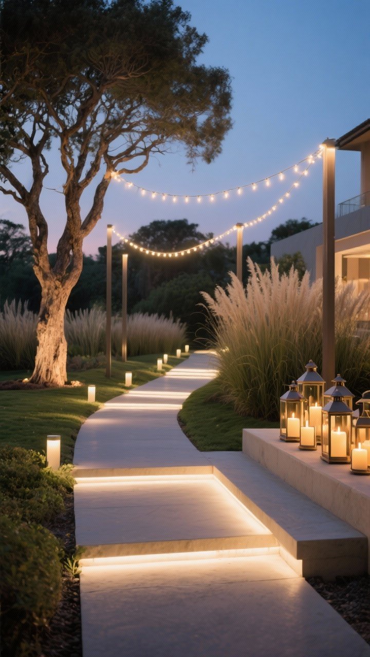 Dusk scene, wide shot of a landscaped path with layered lighting: low-profile warm white LED path lights spaced subtly along a walkway, string lights zigzagged overhead between posts, soft uplights grazing a multi-trunk tree and tall grasses, and a cluster of lanterns with flameless candles on a step; color temperature 2700K–3000K creating a boutique-hotel glow; photorealistic, cinematic depth, no people.
