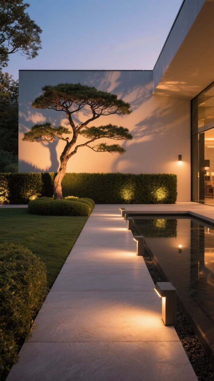 Dusk wide shot highlighting layered landscape lighting: warm low-voltage LED path lights with glare shields tracing a straight walkway; dramatic uplighting of a sculptural Japanese maple creating shadows on a wall; subtle backlighting washing a trimmed hedge for a soft halo effect; dimmer-controlled warm tones transitioning the mood from practical to party; sleek modern fixtures integrated into minimalist hardscape; reflections on nearby surfaces; photorealistic, no people.