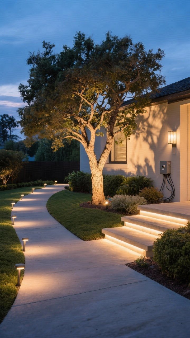 Dusk wide shot of a front yard lit like a boutique hotel: staggered warm-white (2700–3000K) low-voltage LED path lights along a curved walkway (no runway effect), one dramatic uplight casting textured shadows on the trunk and canopy of a statement tree, and subtle step lights integrated into low stairs for safety; transformer with timer and photocell concealed off to the side; wiring neat and connections elevated; cozy, inviting glow without blue tones; crisp landscaping, no people, calm twilight sky.