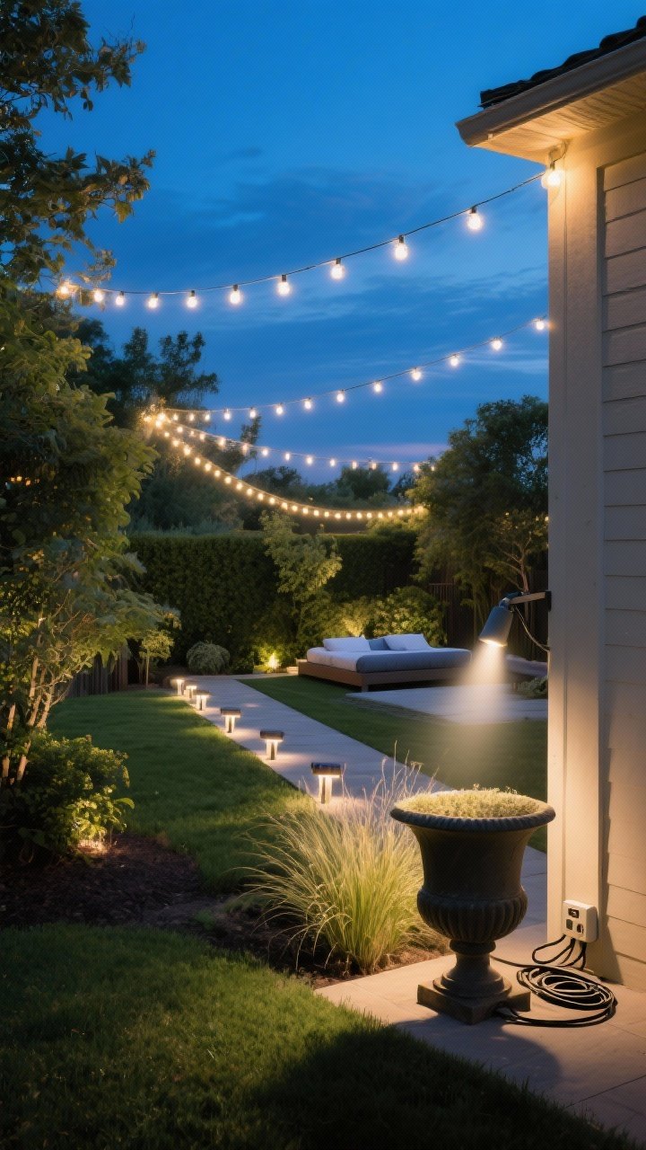 Evening backyard scene lighting up greenery for nighttime magic: warm white (2700–3000K) string lights zigzag overhead, solar path lights defining a bed line, and a subtle spotlight uplighting an ornamental grass and a tall urn for dramatic shadows. Layered lighting heights create cozy ambiance. Outdoor-rated extension cords and a discreet timer tucked near the base. Deep blue twilight sky, wide shot from a corner angle to capture depth and glow; no people.