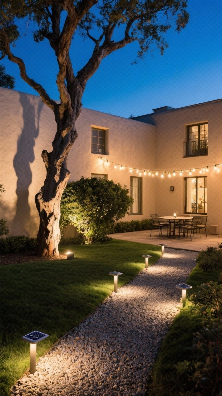 Evening garden scene, medium shot layering lighting: warm white (2700–3000K) solar path lights spaced sparingly along a gravel path, a subtle spotlight aimed up a sculptural tree trunk and feature shrub for dramatic shadows on a stucco façade, and cafe string lights draped above a small patio area; mood is boutique hotel courtyard, no harsh cool tones, deep blue twilight sky.