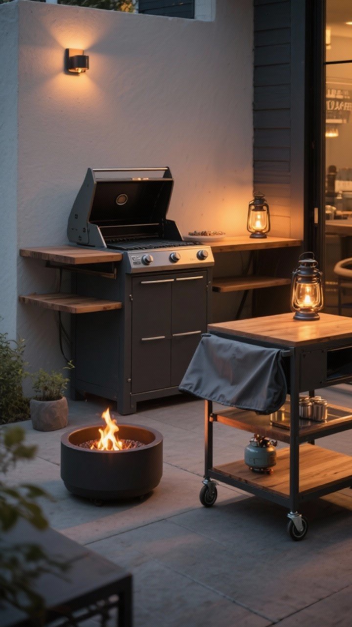 Evening medium shot of compact cooking and fire features: a slimline or tabletop grill with fold-out side shelves tucked against a wall at safe clearance (10–24 inches), a propane fire bowl or smokeless mini fire pit centered for ambiance, and a rolling prep cart staged as a bar with a weatherproof cover folded on the lower shelf. Warm 2700K glow from nearby lanterns; materials in charcoal metal and warm wood; tidy, café-like setup; no people.