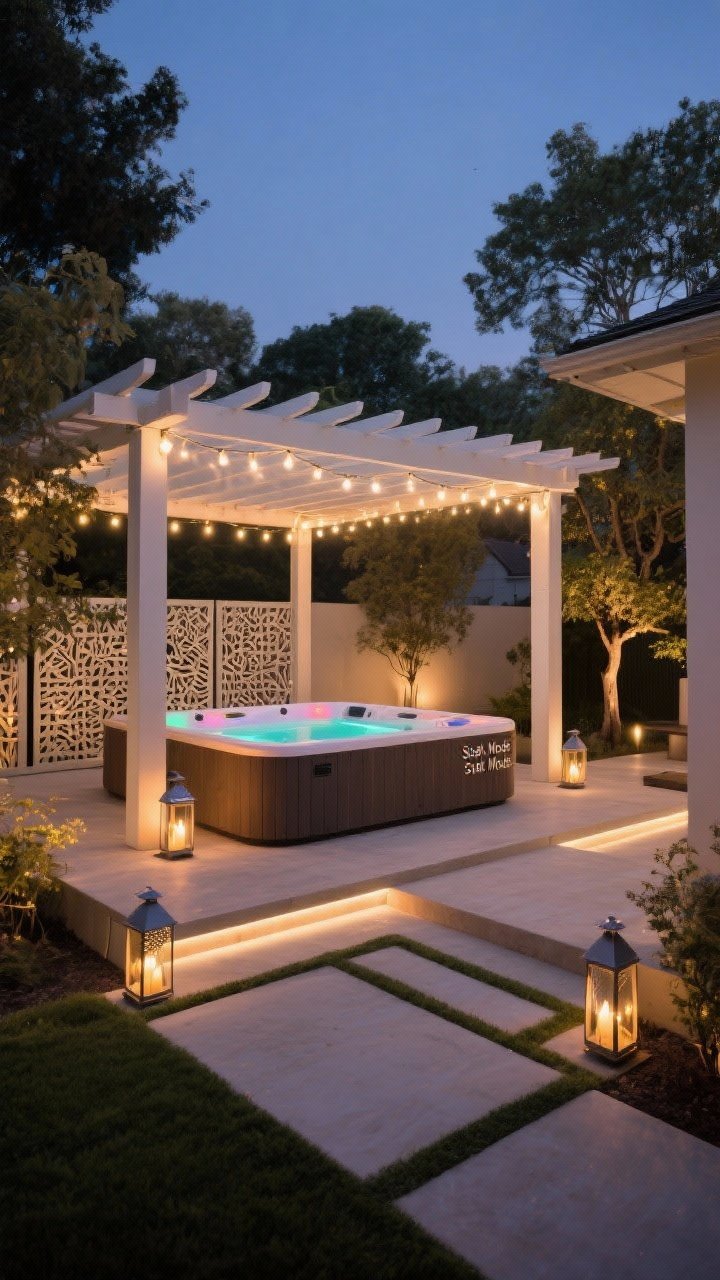 Evening wide shot: Layered lighting around a hot tub—warm white dimmable string lights overhead on a pergola, subtle step and path lights underfoot guiding entries, soft uplights illuminating nearby trees and backlighting decorative privacy screens, and calm warm-toned LEDs glowing inside the tub (no color cycling); a few solar lanterns add sparkle; “Soak Mode” ambience at about 30% brightness; photorealistic, no people.