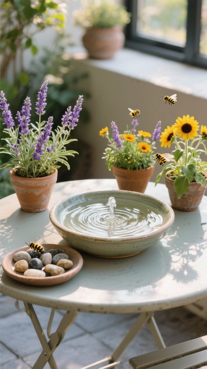 Intimate detail shot of a micro oasis on a tiny patio table: a ceramic tabletop bowl fountain with a gentle water ripple; nearby pots of lavender, salvia, calendula, and dwarf sunflowers attracting pollinators. A shallow saucer filled with pebbles as a bee water station. Subtle reflections on water, tranquil mood, morning light sparkle, nature-inviting textures, clean and refreshed water.