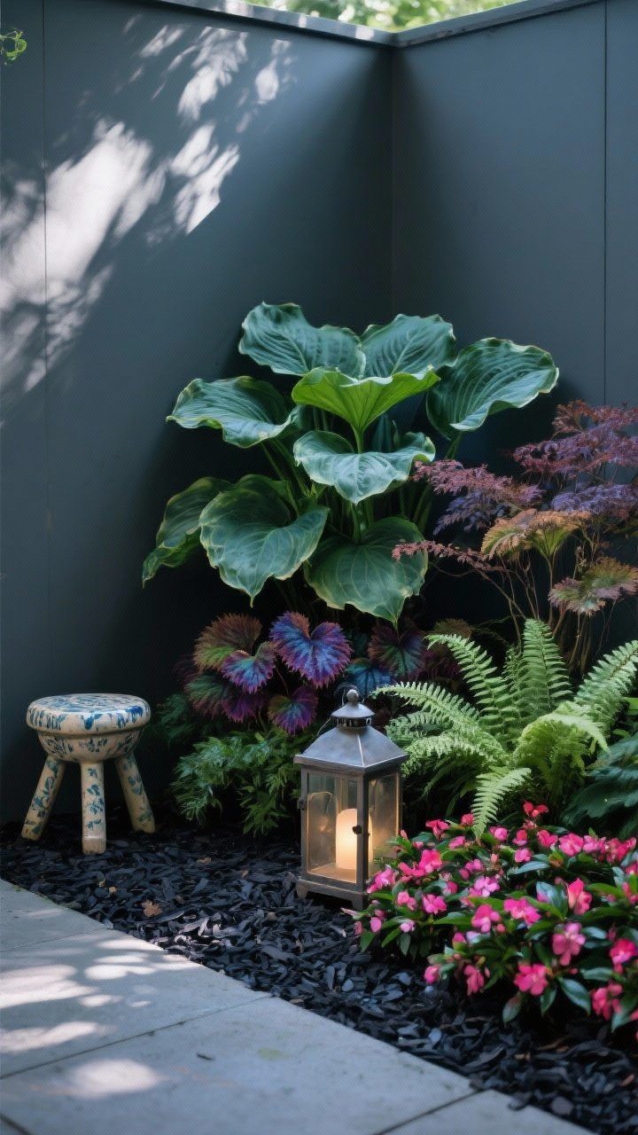 Intimate shade corner, detail-rich medium shot: layered hostas with broad leaves, jewel-toned heuchera, airy ferns, and a drift of impatiens for color; a small ceramic garden stool and a metal lantern add ambience; dark mulch ties it together, holding moisture; cool, moody, dappled shade lighting with soft highlights on leaf textures; angled corner perspective for depth