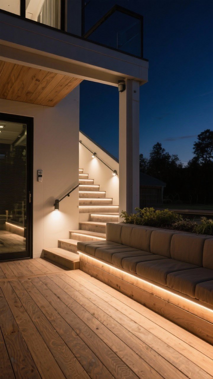 Low-angle medium shot: A modern deck at night with a continuous under-rail LED strip casting a gentle, even wash of warm 2700K light; recessed stair lights installed every 2–3 steps for safety; additional LED strip tucked beneath built-in bench seating and a planter edge; low-voltage system with a discreet dusk-to-dawn sensor visible near the post; crisp shadow lines on wood grain.