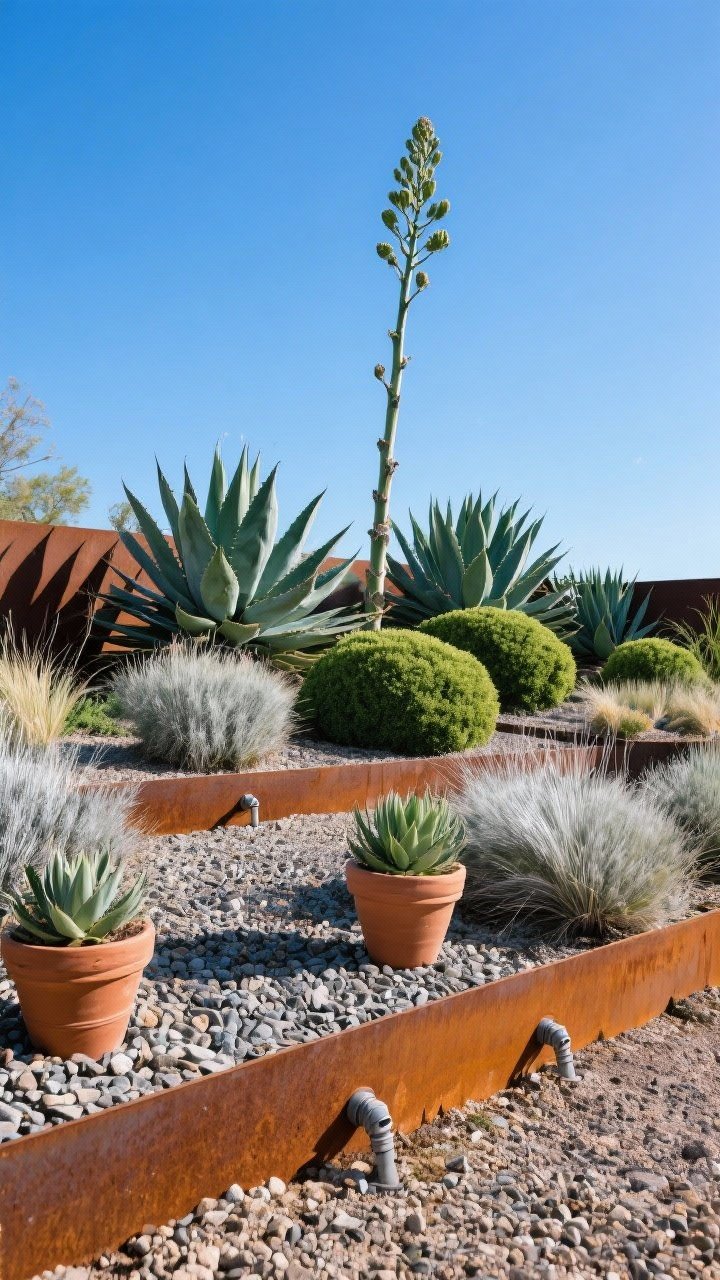 Low-angle medium shot of a drought-tolerant garden with graphic repetition: agave rosettes, upright yucca, and low jade mounds layered with fine-textured grasses and groundcovers; a color palette of silvery foliage, deep greens, and accents from rust-toned corten edging and terracotta pots; drip irrigation emitters discreet at the root zones; gravel mulch showcasing sculptural plant forms; clear blue-sky light for crisp shadows and high contrast.