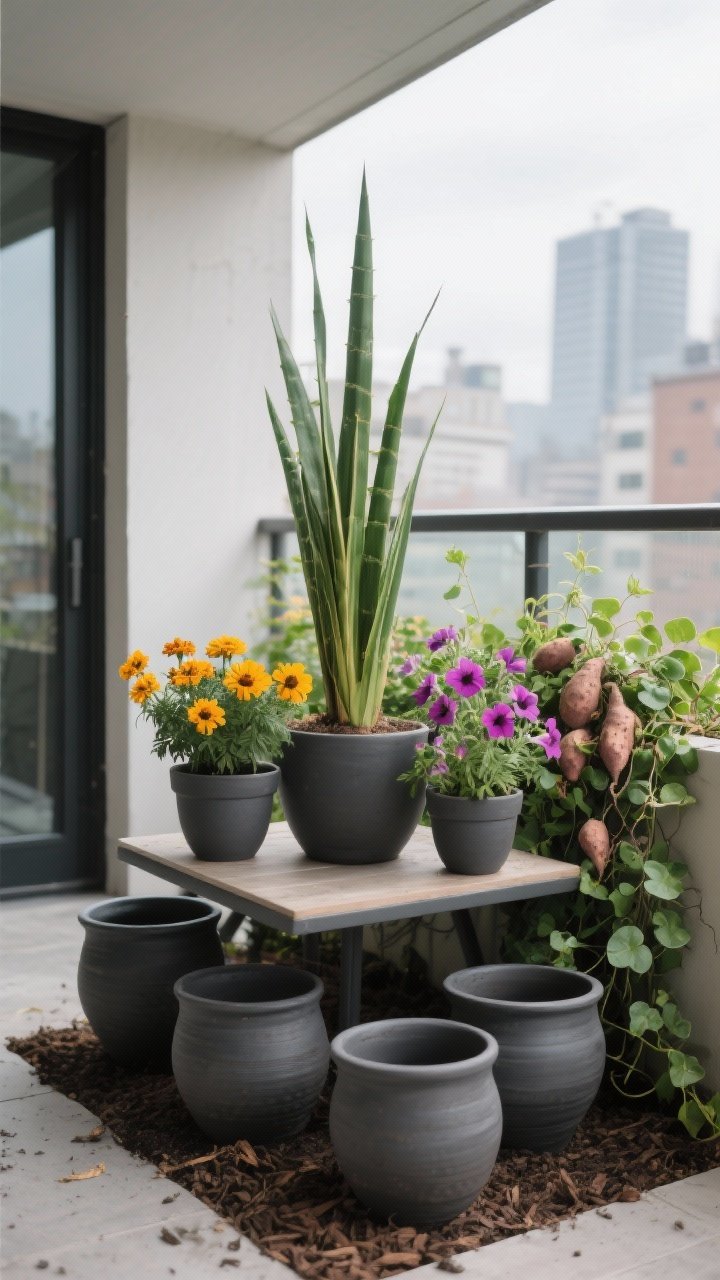 Medium balcony scene styled like a coffee table using the “thriller, filler, spiller” formula: matching charcoal ceramic pots in different sizes grouped in odd numbers (3 and 5). One pot features a tall spike dracaena as the thriller, surrounded by marigolds and petunias as fillers, with sweet potato vine and creeping jenny spilling over the edge. A thin layer of mulch tops the soil for a finished look. Urban backdrop, soft overcast daylight, angled corner view to show depth and arrangement.