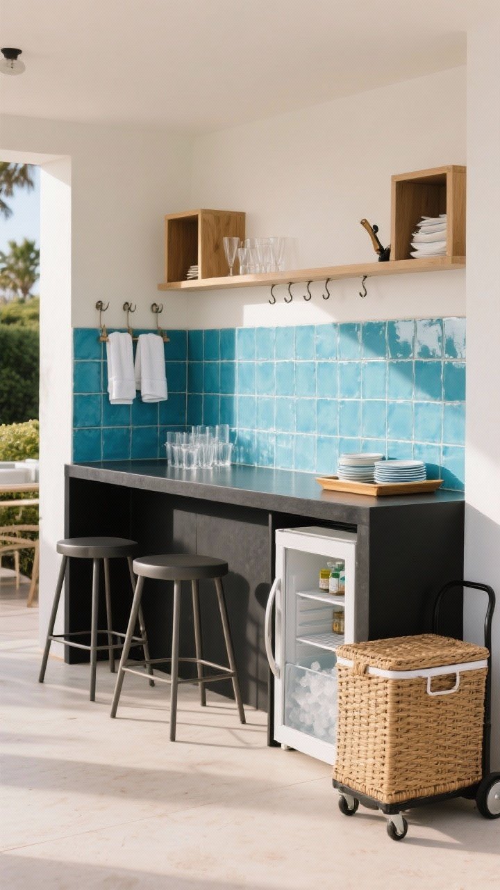 Medium bar setup: A compact outdoor bar moment—matte black counter with three slim stools, under-counter mini-fridge/beverage cooler door slightly ajar, an integrated ice bin, and a rolling cooler hidden in a chic rattan cover. Include hooks and cubbies for towels, openers, and napkins, plus weatherproof barware (acrylic glasses, melamine plates) on a stylish tray. Tiled backsplash in coastal blue zellige for pop and durability. Late-afternoon light, clean modern resort mood.