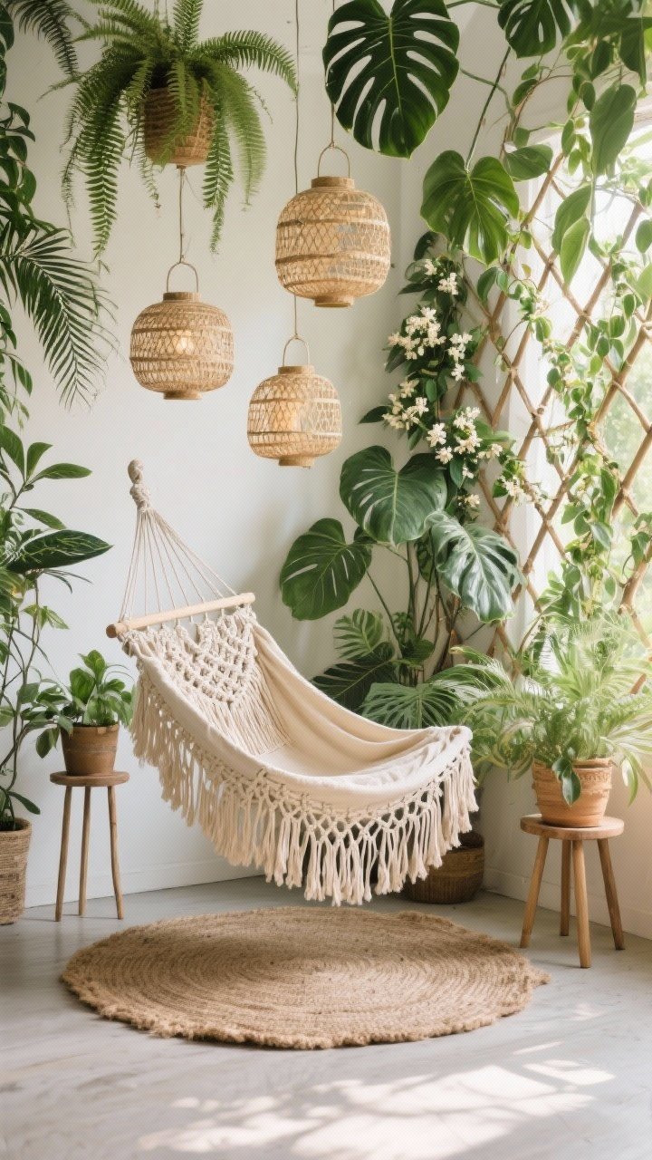 Medium boho vignette: A macramé fringe hammock surrounded by lush plants. Layered textures: jute rug underfoot, woven lanterns hanging at staggered heights. Plant palette includes ferns, monstera, and climbing jasmine on a trellis. Textiles in ecru, sand, and olive to let greenery pop. A couple of plant stands create height variation for a cascading jungle feel. Soft, bright natural light, no people, photorealistic.