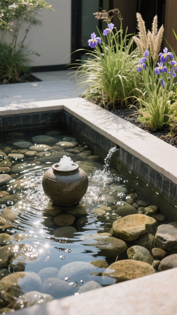 Medium-close detail of a naturalistic water feature: a lined basin filled with smooth river rocks, a small bubbling urn feeding recirculating water for sparkle, ripples catching soft sunlight. Marginal plants at the edge—Japanese forest grass, iris, and papyrus where appropriate—frame the basin. Hidden reservoir aesthetic, moving water captured mid-bubble, serene mood with reflections on the surface.