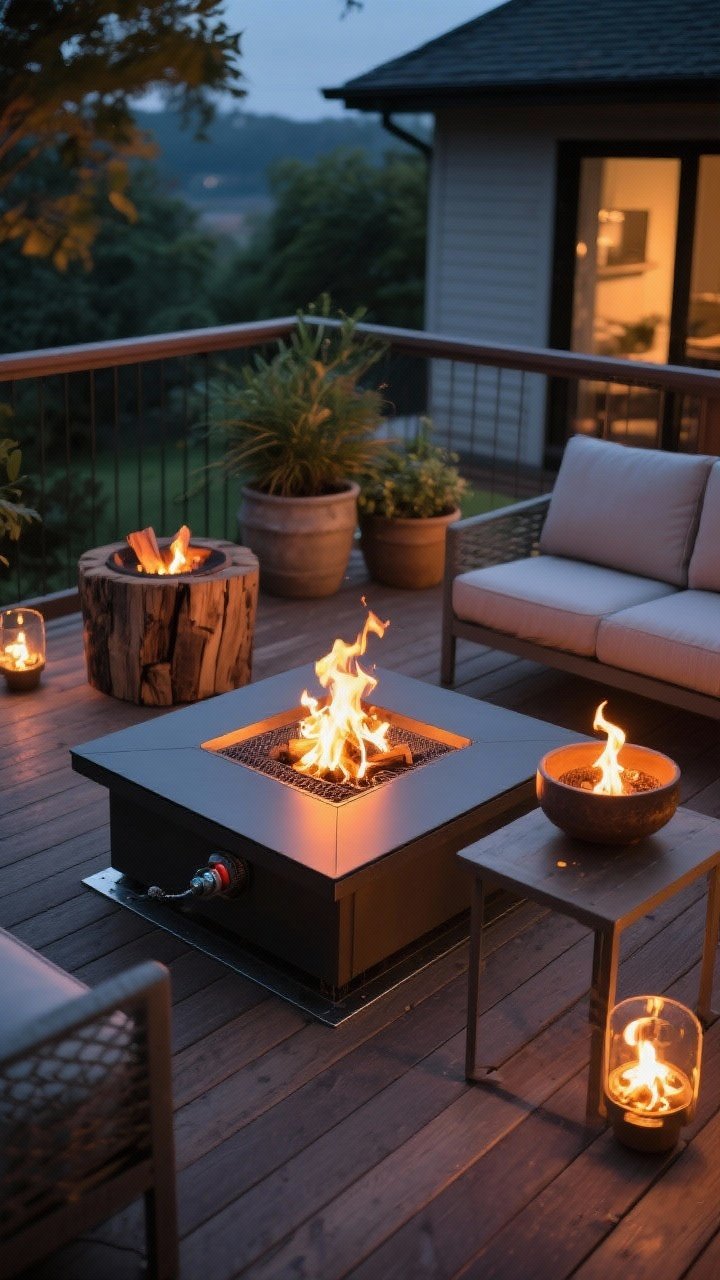 Medium-close shot at evening: A fire feature vignette on a deck—centered propane fire table with controlled flames, a smokeless wood pit nearby for real-flame appeal, and a small tabletop fire bowl on a side table for compact ambiance. Clear safety buffer of 3+ feet around each flame source on the wood decking, with a discreet heat shield beneath the main pit. Warm firelight reflecting on nearby planters and furniture, photorealistic.