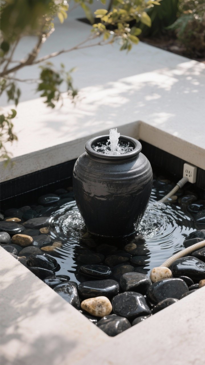 Medium closeup of a disappearing fountain: a ceramic urn in deep charcoal set over a hidden basin, water bubbling from the top and disappearing into a bed of black polished river rock and Mexican beach pebbles that conceal the reservoir; subtle ripples and reflections, nearby foliage lightly out of focus; calm, zen mood with dappled light, visible pump tubing neatly hidden, GFCI outlet off-frame, no people.