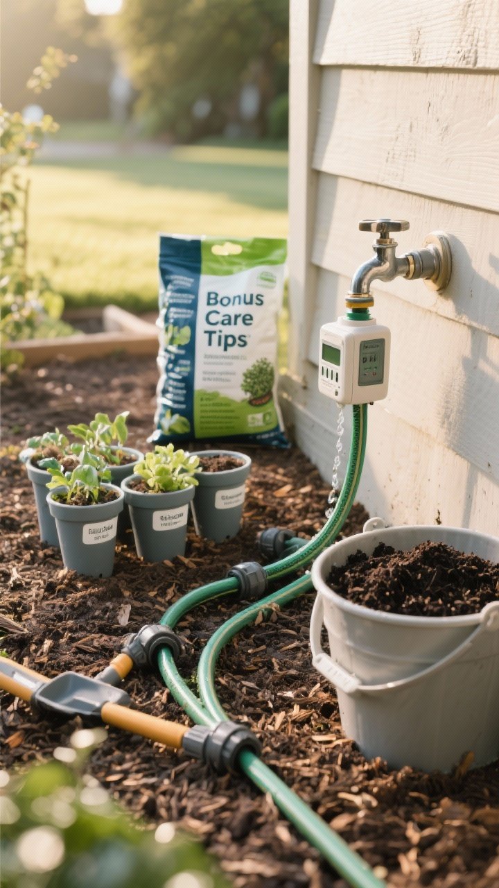 Medium closeup of “Bonus Care Tips” setup: a hose timer attached to an outdoor spigot feeding drip lines neatly laid through a mulched bed; grouped containers labeled or visually grouped by water needs; a bag of slow-release fertilizer and a bucket of dark compost ready for top-dressing; soft morning light, tidy tools and components, practical low-maintenance vibe, photorealistic.