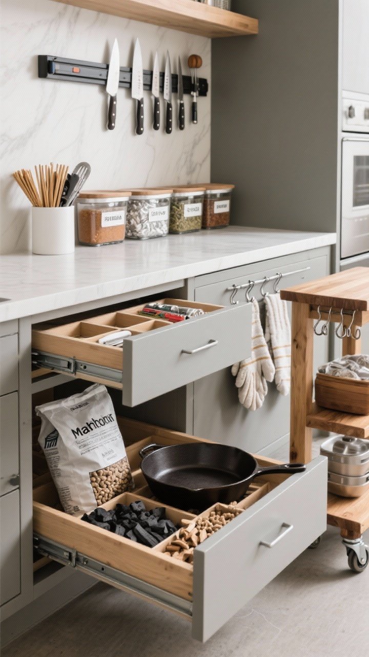 Medium closeup of chef-style organization: open stainless drawers showing shallow compartments for thermometers, skewers, and tools; deep drawer below filled with a bag of charcoal, wood pellets, and a cast-iron pan. A magnetic knife strip and tool rail mounted near the prep zone, labeled bins for marinades and rubs, a dedicated foil/parchment drawer, and heat-proof hooks holding towels and gloves. Include a butcher-block cart on wheels parked nearby; neutral daylight; no people.