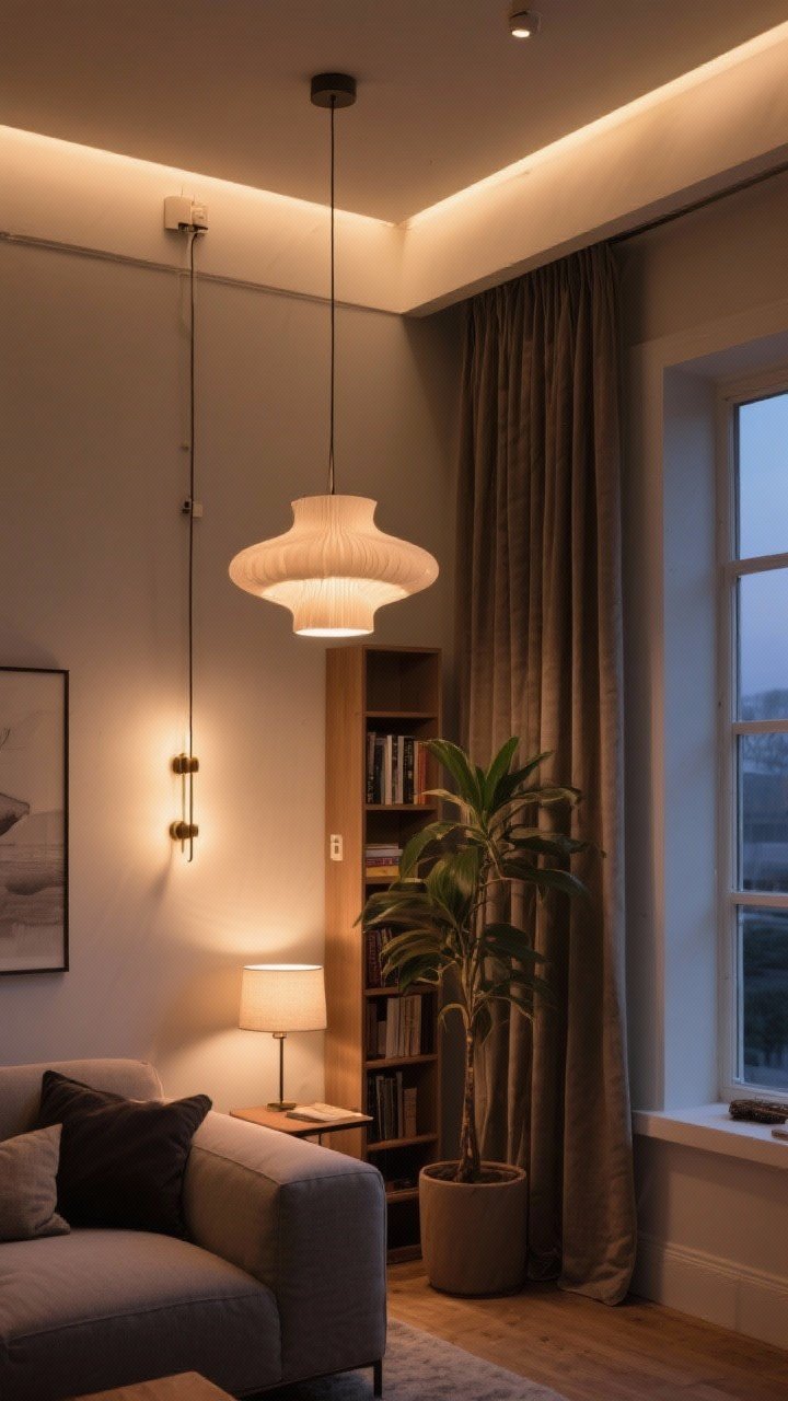 Medium corner angle: A small living room emphasizing verticality—plug-in wall sconces replace table lamps, a sculptural statement pendant hangs centrally, and lighting is layered with overhead, task, and ambient sources for a soft glow. Add floor-to-ceiling curtains hung high and wide to elongate the walls, a tall plant reaching toward the ceiling, and a slim vertical bookshelf. Evening scene with warm, balanced illumination, modern yet cozy, no people, photorealistic.