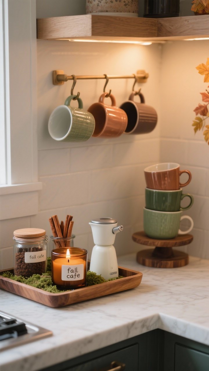 Medium corner angle of a cozy beverage station on a kitchen counter: A wood tray base corrals a small amber candle, lidded jars with simple labels for tea, cocoa, and cinnamon sticks, and a compact milk frother; a mini riser holds stacked mugs while 3–4 pretty mugs hang from hooks above. Subtle warm ambient lighting gives “fall cafe” vibes, with muted copper, caramel, and mossy green accents. Photorealistic, no people, tidy and inviting.