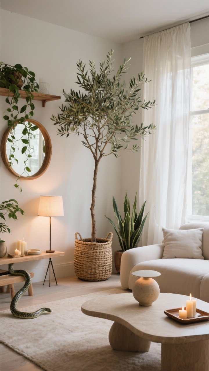 Medium corner angle of a nature-infused living room vignette: a tall olive tree in a woven basket as the statement plant; trailing pothos cascading from a high shelf for movement; a hardy snake plant on the floor; gauzy off-white sheer curtains filtering abundant daylight; a round wood-framed mirror reflecting light across the room; organic shapes featured in a curved-edge coffee table and a rounded ceramic table lamp; layered evening-ready lighting hinted by a floor lamp and candles on a tray; serene, breathable mood, photorealistic.