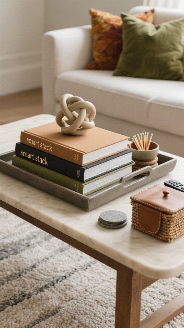 Medium, corner-angle shot of a “smart stack” on a coffee table: two to three coffee table books in graduating sizes with autumnal spines (camel, olive, charcoal), most laid flat with one slim book propped vertically inside a tray for dimension. Top the stack with a sculptural ceramic knot and a small bowl of wooden matches; include a neat coaster stack in stone or leather. A lidded box or small woven basket sits nearby to hide remotes. Colors subtly echo surrounding decor (pulling tones from a neutral rug and olive throw pillows). Balanced, organized, and functional, with soft daylight and clean edges. No people.
