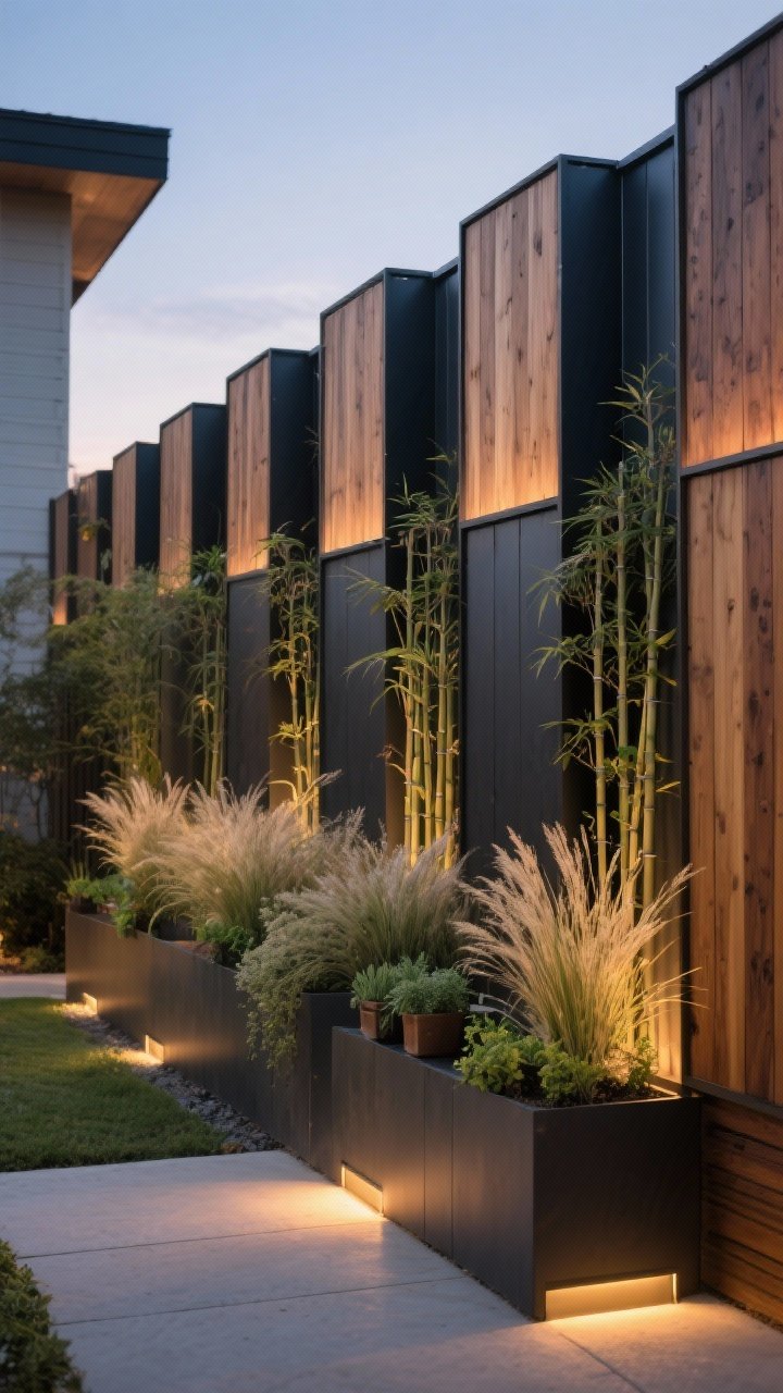 Medium corner-angle shot of staggered fence panels creating depth and privacy: alternating tall and mid-height sections in mixed materials (cedar and dark metal) forming visual rhythm; planting pockets between panels with clumping bamboo, dense ornamental grasses, and small herb planters; integrated low-voltage LED uplights at ground level casting warm evening glows; architectural, cozy vibe without a monolithic wall; dusk lighting.