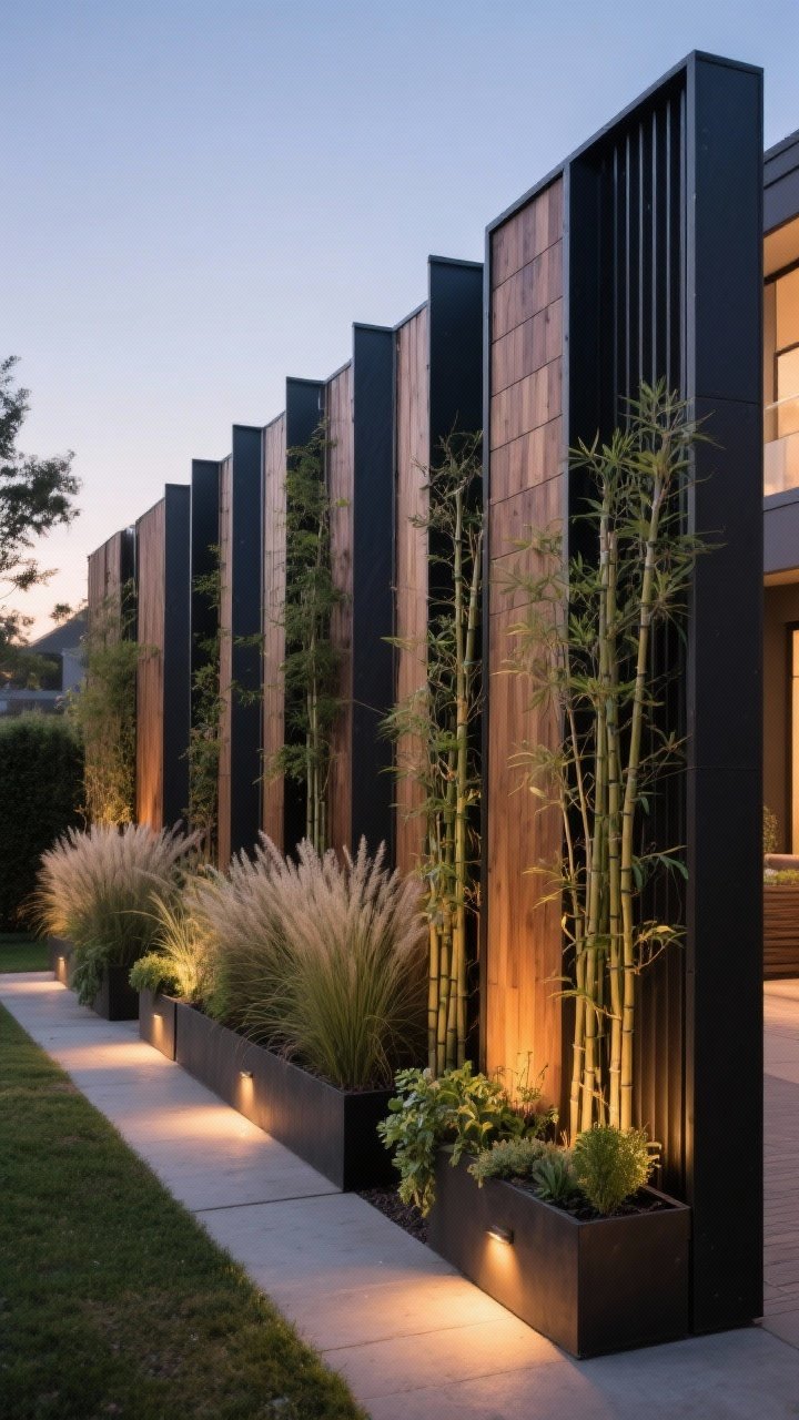 Medium corner-angle shot of staggered fence panels creating depth and privacy: alternating tall and mid-height sections in mixed materials (cedar and dark metal) forming visual rhythm; planting pockets between panels with clumping bamboo, dense ornamental grasses, and small herb planters; integrated low-voltage LED uplights at ground level casting warm evening glows; architectural, cozy vibe without a monolithic wall; dusk lighting.