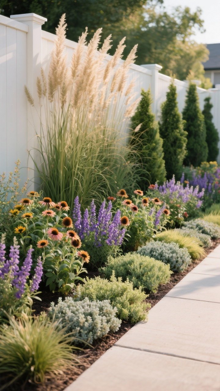 Medium, corner-angle view of a layered planting bed against a fence: back row of tall anchors like ornamental grasses and evergreen shrubs for year-round structure, middle row of flowering perennials (salvia, coneflower, lavender) in repeating groups of 3 and 5, and front row groundcovers (creeping thyme, sedum, mondo grass) softening the bed edge; cohesive plant repetition visible; warm daylight, shallow depth of field to highlight dimension and drama; no people, photorealistic.