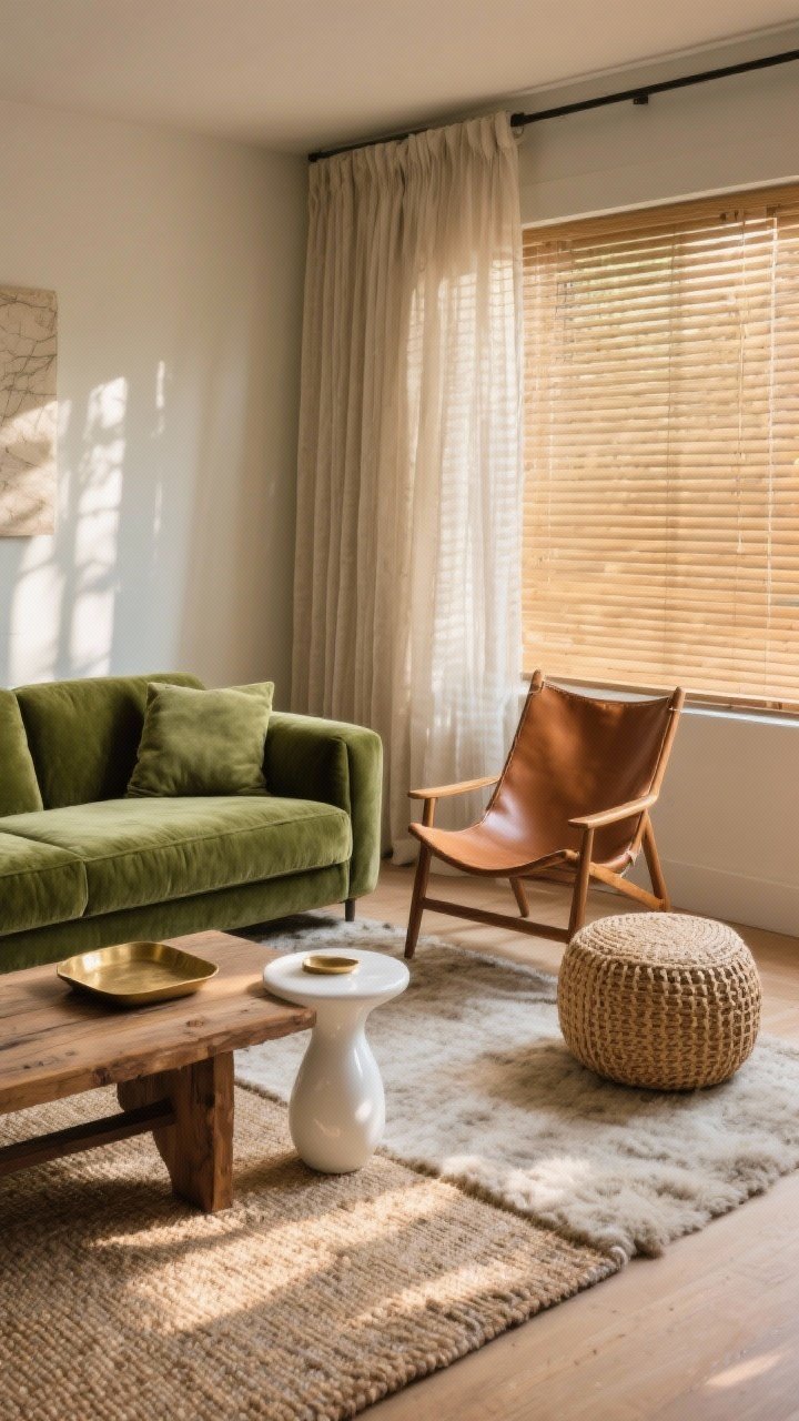 Medium corner shot — A cozy seating vignette showcasing layered textures: a moss-green velvet sofa paired with a cognac leather sling chair and a woven natural-fiber pouf; sheer linen curtain panels over bamboo shades at the window; surfaces mix of a rustic wood coffee table with a glossy white ceramic side table and a small brass tray catching light; double-rug setup with a flat-woven neutral base layered under a high-pile, plush rug; warm late-afternoon natural light with soft shadows, angled from a corner, photorealistic.