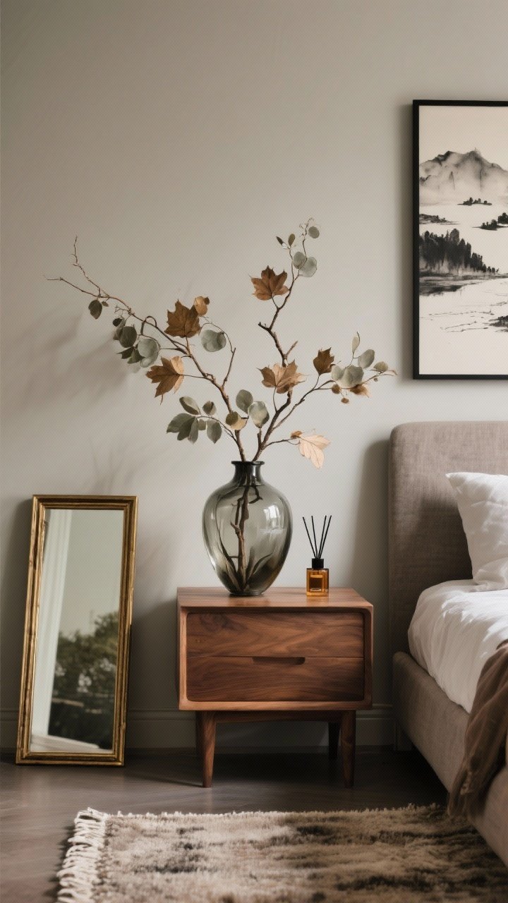 Medium-detail vignette of luxe natural elements: a heavy glass or ceramic vase on a wood nightstand holding sculptural dried branches (maple or eucalyptus) against a muted wall, a wool rug edge visible below, and a wood-framed mirror leaning nearby. Add thin black or brass frames with abstract ink landscape art on the wall. Include a subtle diffuser emitting a cedar/cardamom/amber scent (no visible smoke). Restrained styling with two to three natural materials, soft natural daylight, three-quarter angle, no people.