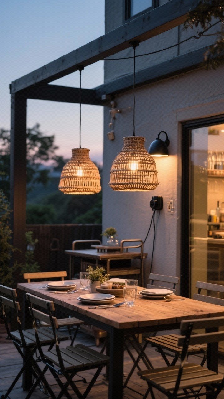Medium dining scene: Outdoor bistro-style setup at dusk with two damp-rated rattan basket pendants hung over a wooden dining table and a matte black plug-in metal dome sconce over a nearby bar cart; cords run neatly to an exterior outlet with outdoor cord covers and anchors; dim, warm 2700K light pools on tableware; pendants hung low enough for intimacy but clear of sightlines; modern-industrial and boho mix; straight-on view.