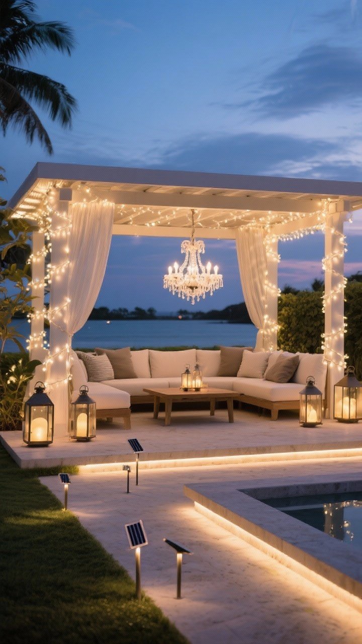 Medium evening scene: Layered outdoor lighting around the cabana—warm white string lights draped along the frame, lanterns at multiple heights (floor, tabletop, and hanging), subtle solar stake lights defining the path, and a soft LED strip tucked under a bench edge for a resort glow. Centered above the lounge, a damp-rated outdoor chandelier adds a glam touch. Warm, flattering illumination, no glare, cinematic dusk sky.