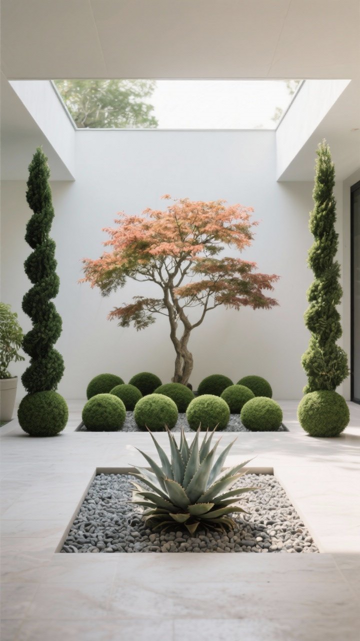 Medium focal composition of architectural planting: a statement Japanese maple centered in a minimalist bed, flanked by repeating structural elements—boxwood balls in a rhythm and a pair of tall Italian cypress/“Sky Pencil” holly columns for verticality; foreground accent of sculptural agave adding a modern edge; clean gravel mulch and tight borders reinforce order; bright but soft natural light; emphasis on repeating shapes—columns, spheres, fans; photorealistic.