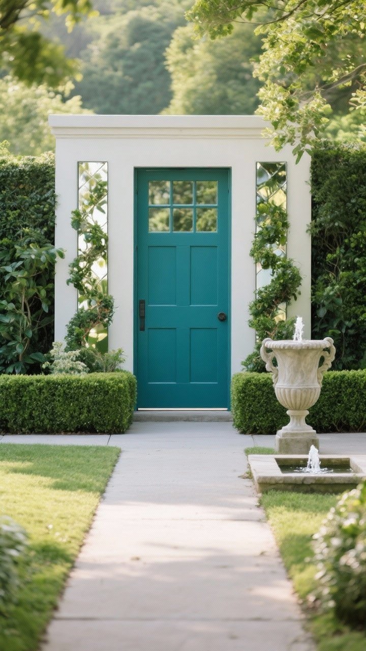 Medium focal-point composition at the intersection of garden paths: a deep teal painted garden gate framed symmetrically by mirrored plantings; a sculptural urn nearby and a small recirculating water feature with a gentle trickle; sightlines converge on the gate, with clipped boxwood flanking for emphasis; soft natural daylight, slight vignette effect from surrounding greenery; straight-on shot to emphasize the bold, intentional focal moment.