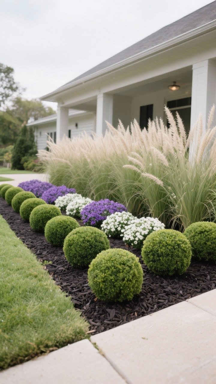 Medium front-yard bed composed with intentional repetition: repeating boxwood spheres as evergreen anchors, a rhythmic sweep of feather reed grass for movement, and color blocks of two bloom shades (soft lavender and white) planted in groups of 3–5; dark mulch ties it together; overcast soft light for even, designer-like cohesion; camera at low angle to show repeating patterns.