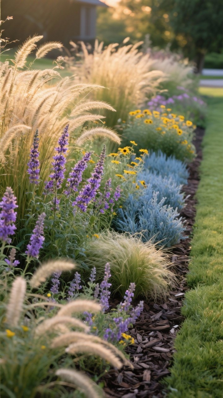 Medium garden border showcasing “tidy wild”: ornamental grasses and repeat-bloomers in winning combos—feather reed grass with salvia and yarrow for purple-gold contrast; adjacent swath of blue oat grass with catmint and coreopsis; another pocket of pennisetum with gaura and Russian sage; unified by a clean mulch layer; soft evening breeze implied by gentle grass lean; late-day warm light, crisp yet natural composition.