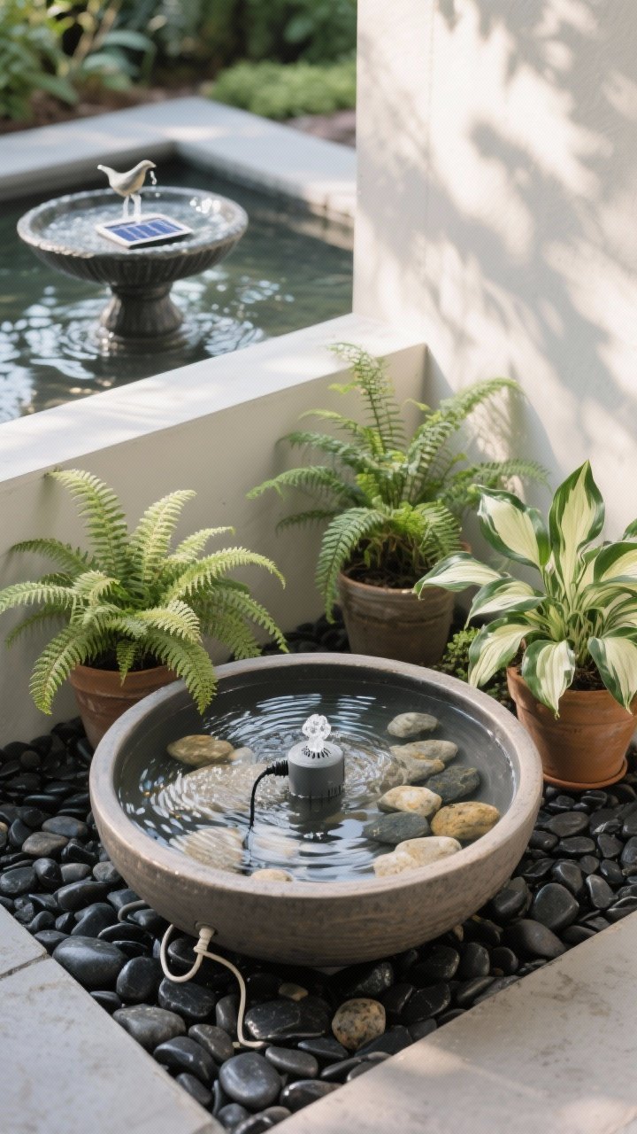 Medium garden corner featuring a simple water feature that sounds expensive: a large ceramic bowl tabletop bubbler with a small hidden submersible pump and decorative river stones, water rippling softly. Clustered with potted ferns and hostas for a lush feel, black pebbles create a modern base. Alternative solar birdbath fountain visible in the background as an optional focal point. Dappled shade lighting, gentle reflections on water, slightly elevated angle to show surface texture and cord concealment.