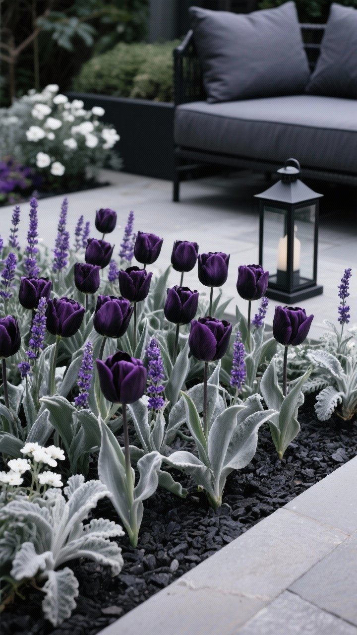 Medium garden vignette illustrating a cohesive color story in “Moody Modern”: deep purple-black tulips, lavender, and silvery lamb’s ear repeated across a bed; coordinating hardscape accents—black metal lantern, dark gray cushions, and charcoal mulch; cool white blossoms punctuating the scene; soft overcast lighting to enhance saturated purples and silvery textures; straight-on composition highlighting repetition and harmony across the space.