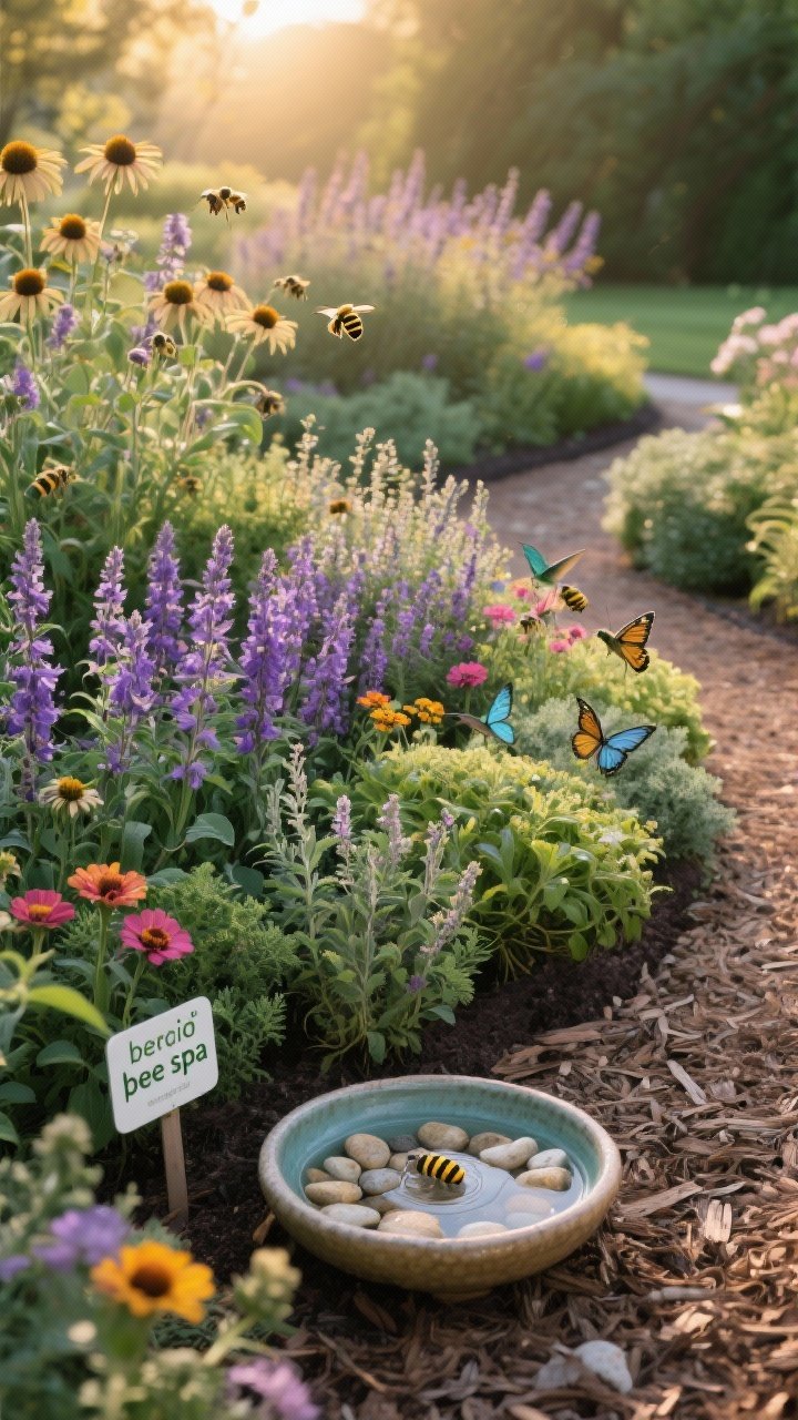 Medium garden vignette of a pollinator pit stop: layered beds with lavender, salvia, borage, thyme, and coneflower for bees; milkweed, zinnias, verbena, and yarrow for butterflies; and bee balm and salvias for hummingbirds. In the foreground, a shallow ceramic dish filled with pebbles and fresh water (a “bee spa”). Natural mulch paths, zero pesticide signage tucked discreetly. Golden-hour light with gentle highlights on blooms, slightly low angle to emphasize nectar-rich flowers.