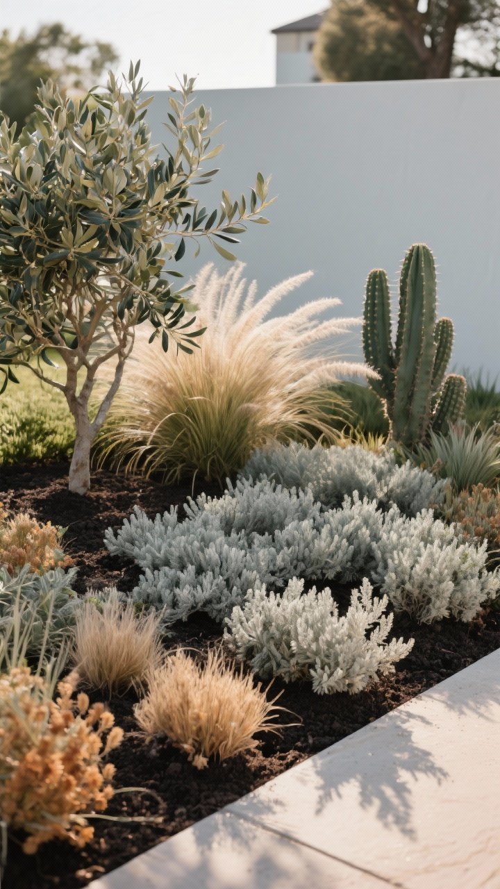 Medium garden vignette showcasing drought-tolerant “plant heroes” by style: a modern bed with westringia, lomandra, an olive shrub, cactus, and feather reed grass massed in drifts; muted Mediterranean palette of silvery greens and tan seed heads; fall planting holes with dark amended soil hinting at deep, infrequent watering practice; soft late-afternoon light, minimal mulch, crisp shadows.